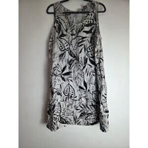 Tahari Black White Floral Sleeveless 100% Linen Lagenlook Knee Length Dress 1X